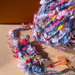 Peut inclure: Gros plan sur une pelote de laine colorée, avec diverses textures et couleurs. La laine présente des nuances de rose, bleu, jaune et blanc, avec des rubans et des éléments duveteux. Idéale pour les travaux manuels ou textiles.