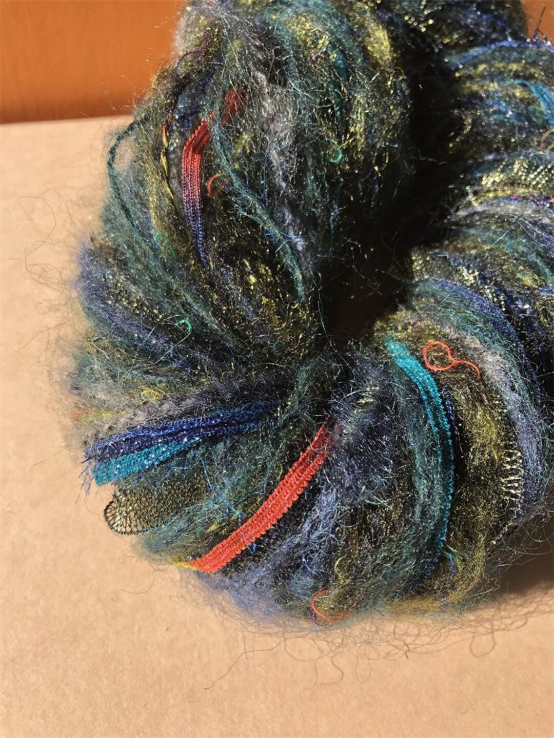 Peacock Blue-green Mohair Artistic Yarn + Gradient Ribbons, Shiny ...