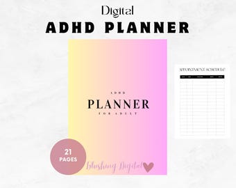 May include: Digital planner for adults with ADHD. The cover is a gradient of yellow and pink with the text "ADHD Planner for Adult" in black. The planner has 21 pages and is available as a digital download.