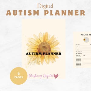 以下が含まれることがあります： 表紙にひまわり柄と「Autism Planner」の文字が書かれたデジタルプランナー。6ページで、デジタル形式で入手できます。