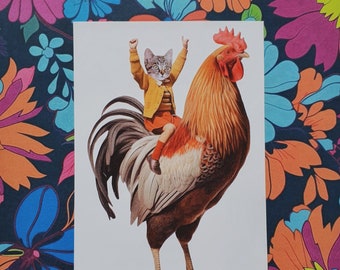 Feline Rooster Rider a Collaged Greeting Card