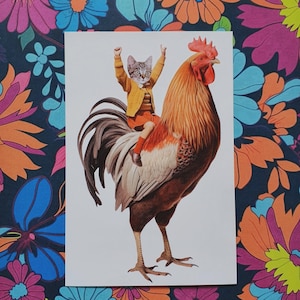 Katzen Karte Hahn Reiter - Collaged Grußkarte
