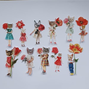 Bonecas de gato com flores grandes: um pacote de adesivos estranho e maravilhoso