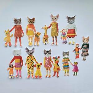 Pacote de adesivos de bonecas de gato com brinquedos macios: colagem, zine, feito à mão, cartas, diário, álbum de recortes