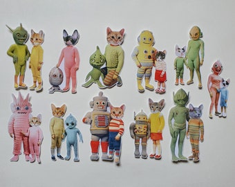 Cat People with Knitted Aliens: a weird and wonderful sticker pack