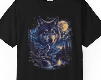 Mystic Wolf T-Shirt, Comfort Colors 1717 Vintage Wolf Shirt, Celestial Night Moon Tee, Nature Lover Gift, Aesthetic Oversized Graphic Shirt