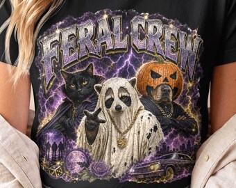 Retro Spooky and Feral Halloween Shirt Vintage 90s Bootleg Rap Tee Raccoon Cat Dog Vampire Pumpkin Ghost Streetwear Graphic T-Shirt Crew