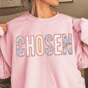 Chosen PNG Faux Embroidery Christian Sublimation Design Floral Patchwork Applique Shabby Chic Faith Digital Download Trendy Puffed Print Art