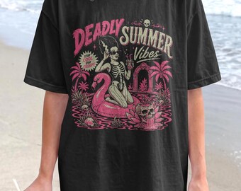 Deadly Summer Vibes T-shirt | Skeleton on Flamingo, Tropical Horror Tee