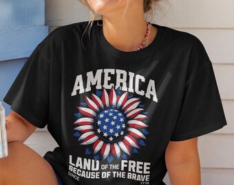 America Sunflower Starburst T-Shirt | Land of the Free Patriotic Tee, USA Fourth of July Unisex Shirt, Sunflower Independence Day Top,