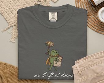 Comfort Colors® We Thrift At Dawn Shirt, Funny Frog Meme Thrifting Tee, Vintage Thrift Store Lover Gift, Retro Cottagecore Aesthetic Top