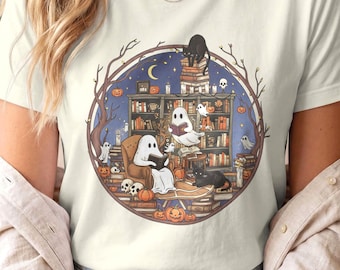 Comfort Colors Ghost Reading Shirt, Aesthetic Halloween Librarian Teacher Gift, Vintage Bookish Dark Academia Textless Graphic Tee
