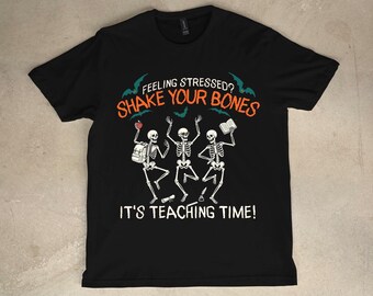 Teacher Halloween T-Shirt, Funny Skeleton Back To School Shirt, Spooky Teacher Gift, Retro Fall Season Tee, Unisex Comfort Crewneck