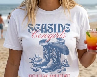 Seaside Cowgirls T-shirt | Cowboy Boots Shells Beach Western Design | Comfort Colors 1717 | C1717