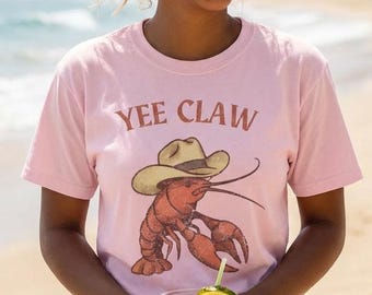 Maglietta Comfort Colors® Lobster Cowboy, Maglietta alla moda Yee Claw, Maglietta divertente con aragosta, Top da spiaggia western per viaggio in Costiera Amalfitana, Tomato Girl Summer