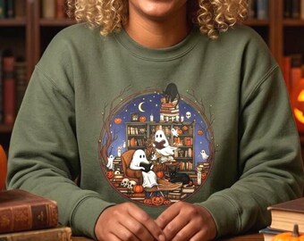 Retro Ghost Reading Sweatshirt | Halloween Librarian Teacher Gift | Ghosts in Cozy Library Crewneck Sweatshirt | Halloween Reading Night