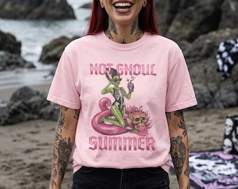 Hot Ghoul Summer Shirt, Zombie Pinup Skeleton Beach Tee, Retro Halloween Comfort Colors 1717, Spooky Skull Summer Graphic T-Shirt