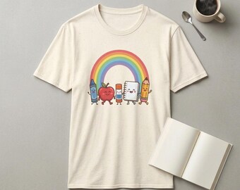 Cute Teacher School Supplies Shirt, Back to School Rainbow Tee,Preschool Elementary Teacher Gift,Kawaii Crayon Apple Pencil Notebook T-shirt