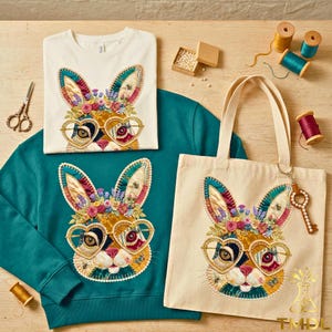 Peut inclure: Un t-shirt crème, un sweat-shirt teal et un sac fourre-tout en toile présentent un motif de lapin brodé coloré portant des lunettes en forme de cœur. Le lapin a des accents floraux et est posé sur un fond en bois. Fournitures de couture incluses.