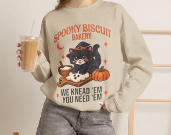 Spooky Biscuit Bakery Sweatshirt, Cute Black Cat Witch Hoodie, Autumn & Halloween Crewneck,Aesthetic Spooky Season Sweat,Gift for Cat Lovers