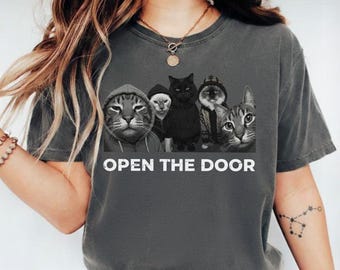 Maglietta "Open The Door Cats" | Maglietta con faccine di gatti divertenti | Maglietta vintage da gang | Maglietta estetica con gatti | Maglietta alla moda con gatti | Maglietta buffa con gatti