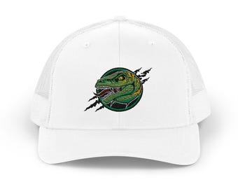 Cappellino trucker T-Rex Raptor Claw Circle Snapback | Design di dinosauro ricamato