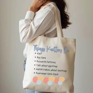 Knitting Theme Shoulder Tote Bag, Yarn Lover Gift, Crafty Shoulder Bag, Knitter&#39;s Market Tote, Crochet Tote Bag, Craft Supplies Bag