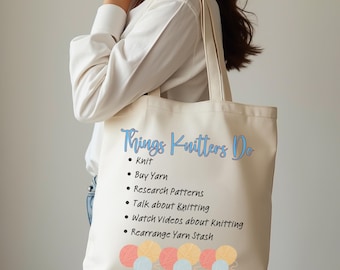 Knitting Theme Shoulder Tote Bag, Yarn Lover Gift, Crafty Shoulder Bag, Knitter's Market Tote, Crochet Tote Bag, Craft Supplies Bag