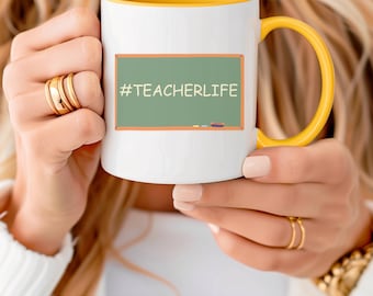 Teacher Gift Ceramic Mug, Two-Tone Coffee Cup,  School Present Thank You Appreciation, White and Colorful, End of Year, Christmas