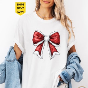Santa Bow Shirt Comfort Colors Holiday Tshirt, Women&#39;s Christmas Shirt, Cute Holiday Tee, Christmas Coquette Tshirt, Holiday Party Tee