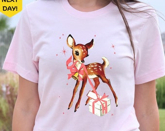 Retro Reindeer Pink Christmas Shirt Gift for Her, Vintage Cottagecore Christmas Shirt, Baby Deer Shirt, Retro Christmas Party Shirt
