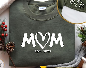 Personalized Mom Sweatshirt With Kids Name On Sleeve, Custom Mom Sweatshirt, Est Date Mom Hoodie, Christmas Gift for Mom, with kids names