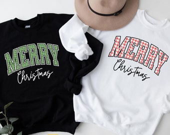 Merry Christmas Sweatshirt, Buffalo Plaid Sweater, Christmas Family crewneck, Xmas Gift Idea, Woman Xmas Shirt, Cute Winter Holiday Sweater