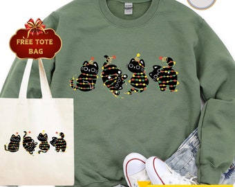 Christmas Black Cat Sweatshirt, Black Cat Christmas Hoodie, Cat Lover Gift, Cat Mom Sweater, Kitten Christmas Shirt,Xmas Gift, Holiday Shirt
