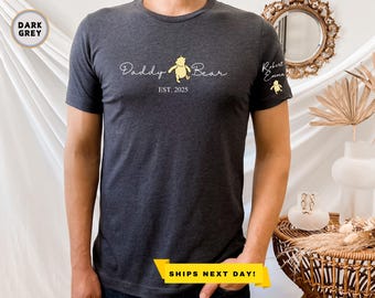 Personalized Dad Shirt, Daddy Bear Shirt, Dad Est. with Kid Name on Sleeve Shirt, Fathers Day Gift, Fathers Day Shirt, Custom Bear Shirt