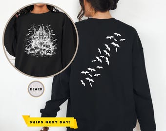 Haunted House Halloween Sweatshirt and Hoodie, Trendy, Vintage Halloween Sweater, Spooky Season Pullover, Bats Crewneck, Halloween Party