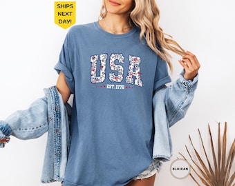 Comfort Colors® Floral USA Shirt, Patriotic Women Shirt, American Girl Shirt, Girly 4th of July Shirt, Flower USA Shirt, USA Est 1776 Shirt
