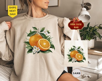 Boho Oranges Sweatshirt, Cottagecore Tropical Fruit Sweatshirt, Gift For Her, Garden Sweatshirt, Oranges Sweater, Summer Orange Fruit Hoodie