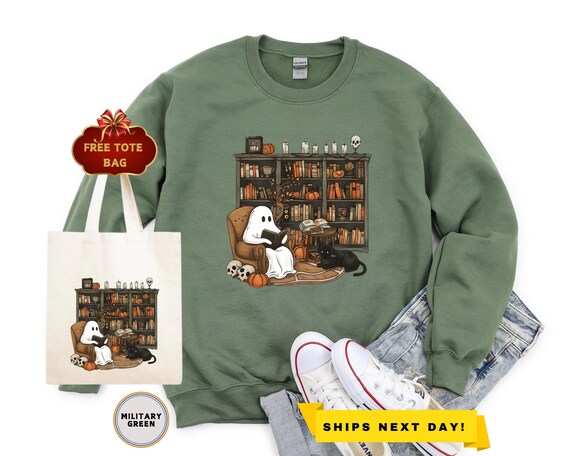 Retro Ghost Reading Books Sweatshirt, Boo School, Teacher Gift, Halloween Hoodie, Librarian Ghost Halloween, Halloween Teacher Sweatshirt