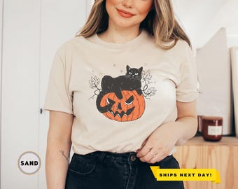 Cute Halloween Black Cat on Pumpkin Shirt, Fall Shirt, Black Cat t-shirt, Pumpkin Halloween Shirt, Halloween Shirt, Kids Halloween Shirt