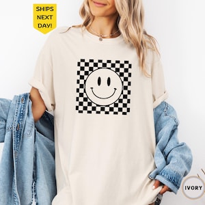 Smiley Face Shirt Comfort Colors®, Gift for her, Boho Shirt Girls, Smiley Face Checkered Shirt, Trendy Vintage Shirt, Happy Face Shirt