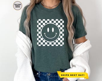 Checkered Pattern Smile Face Shirt, Smile Shirt, Smile Face Shirt, Retro Smiley Face Shirt, Cute Smile Shirt, Happy Face Shirt