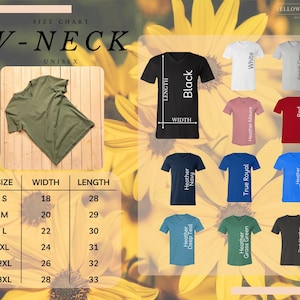 May include: Size chart for V-neck unisex t-shirts. The chart shows the width and length measurements in inches for sizes S through 3XL. The chart is surrounded by images of different colored t-shirts, including black, white, red, heather navy, heather deep teal, heather grass green, true royal, heather mauve, sport grey, and dark heather.