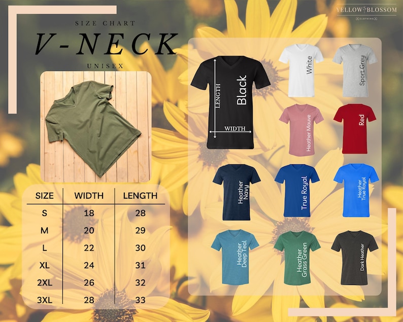 May include: Size chart for V-neck unisex t-shirts. The chart shows the width and length measurements in inches for sizes S through 3XL. The chart is surrounded by images of different colored t-shirts, including black, white, red, heather navy, heather deep teal, heather grass green, true royal, heather mauve, sport grey, and dark heather.