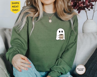 Joli sweat-shirt café effrayant, chemise graphique d'automne, pull de fête d'Halloween, saison effrayante, sweat à capuche fantôme pour femme, sweat-shirt amateur de café d'automne