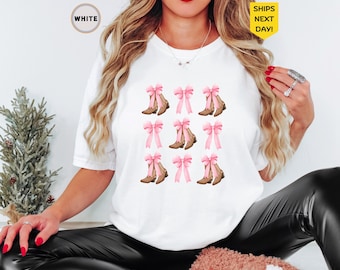 Comfort Colors® Pink Bow Cowgirl Boots Shirt, Pink Bow Cowgirl Shirt Cowgirl Boots Tee,Country Shirt,Western Graphic Tee,Country Concert Tee