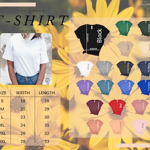 May include: A size chart for unisex t-shirts with measurements in inches. The chart shows the width and length of the shirts in sizes S, M, L, XL, 2XL, and 3XL. The chart is surrounded by a variety of colored t-shirts.