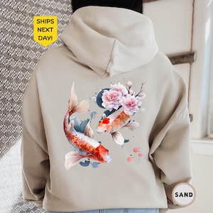 Cozy Vintage Japanese Koi Fish Hoodie, Tokyo Style, Pond Top Urban Unisex Spring Sweater, Nautical Animal Asian Art Nouveau Japan Sweatshirt