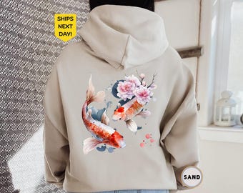 Cozy Vintage Japanese Koi Fish Hoodie, Tokyo Style, Pond Top Urban Unisex Spring Sweater, Nautical Animal Asian Art Nouveau Japan Sweatshirt