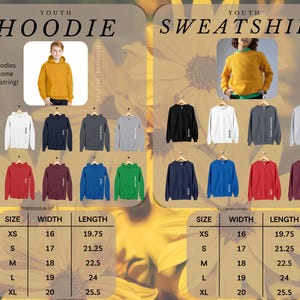 Peut inclure: Un tableau des tailles pour les sweats &agrave; capuche et les sweat-shirts pour enfants. Le tableau indique la taille, la largeur en pouces et la longueur en pouces pour chaque v&ecirc;tement. Le tableau comprend les tailles XS, S, M, L et XL.
